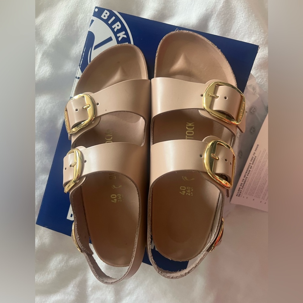 Birkenstock Nude Sandals with Gold Buckles